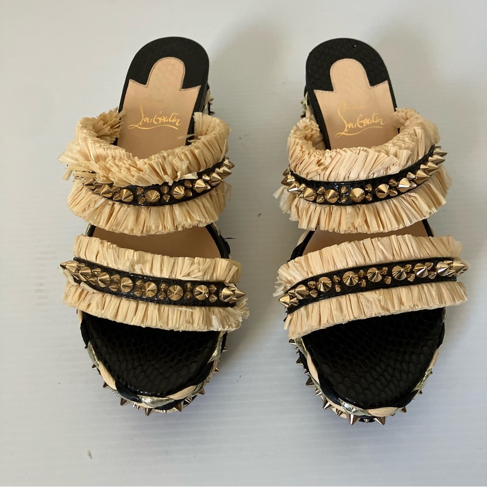 Christian Louboutin Black & Beige Voltinoudou 60 Wedge Sandals size 37 - Picture 5 of 12